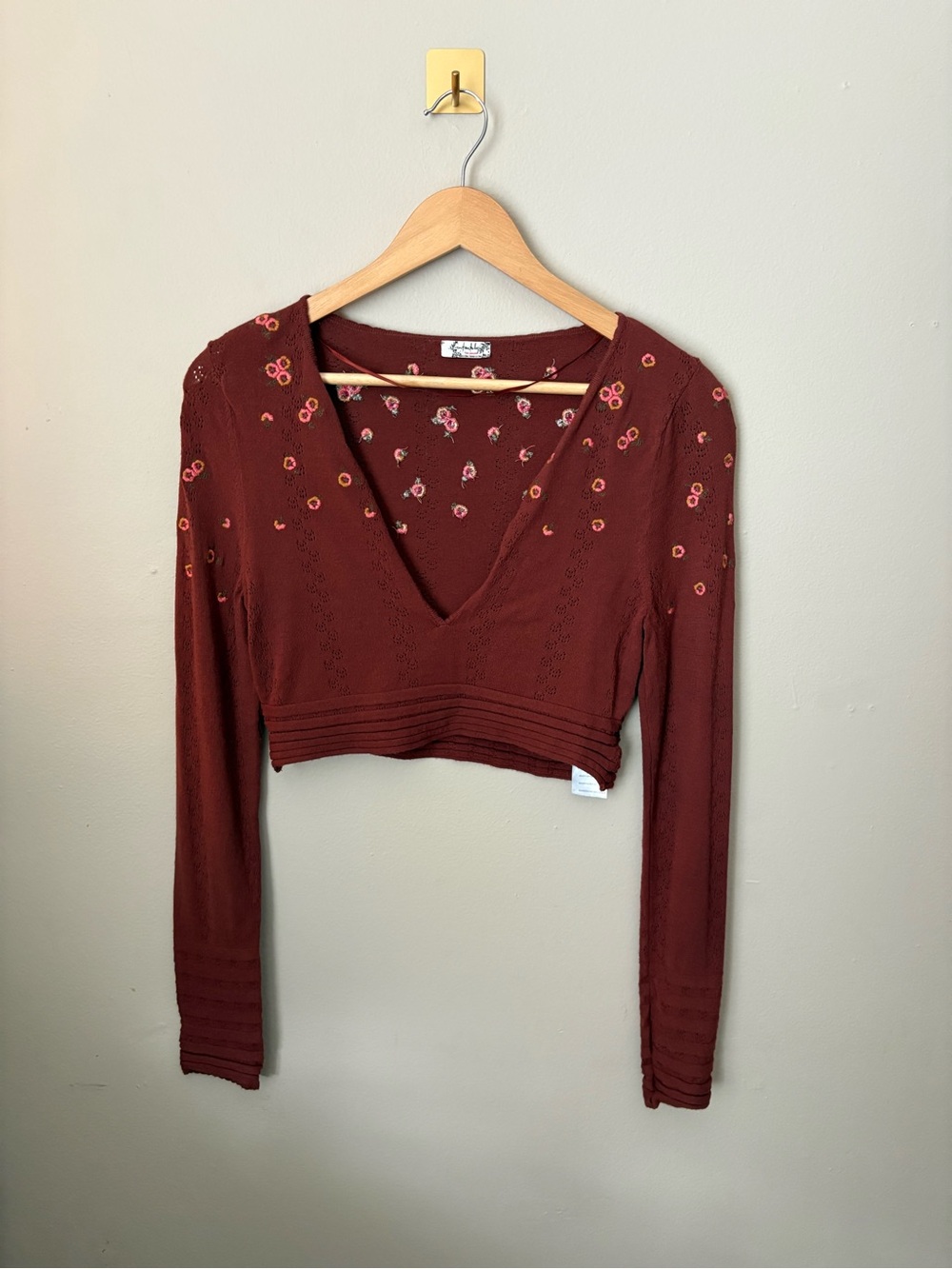 Medium Intimately Free People Rust Colored Floral Embroidered Crop Long Sleeve